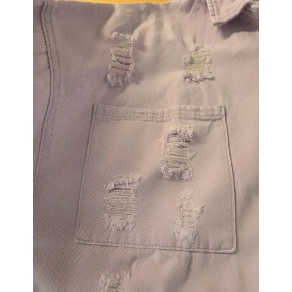POL Lavender Distressed Denim Shacket Small Frayed Hem Button Front Boho